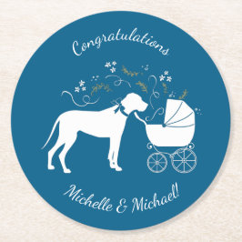 Posavasos Redondo De Papel Gran Perro Danés Baby Shower Puppy Blue Boy