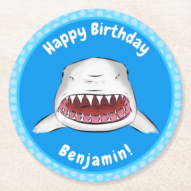 Posavasos Redondo De Papel Gran tiburón blanco significa ilustracion personal (Anverso)