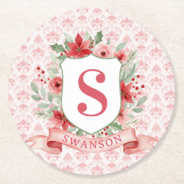 Posavasos Redondo De Papel Grandmillennial Christmas Monogram Crest