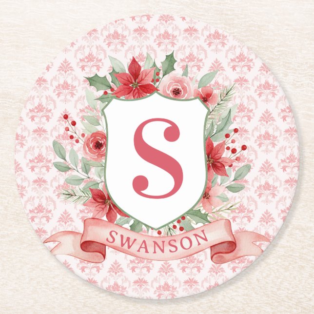 Posavasos Redondo De Papel Grandmillennial Christmas Monogram Crest (Anverso)