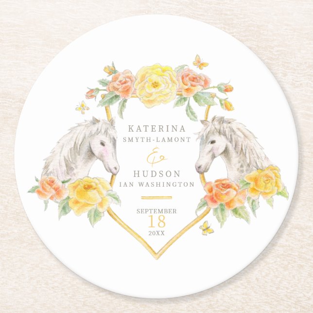 Posavasos Redondo De Papel Gray horses and yellow roses monogrammed wedding (Anverso)