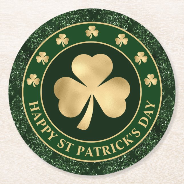Posavasos Redondo De Papel Green and Gold Shamrock Clover St Patrick's Day (Anverso)