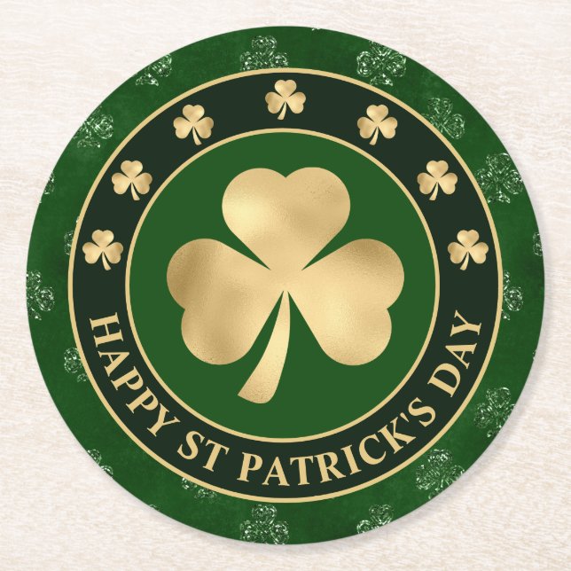 Posavasos Redondo De Papel Green and Gold Shamrock Clover St Patrick's Day (Anverso)