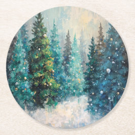 Posavasos Redondo De Papel Green Christmas Trees Winter Forest