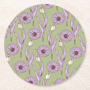 Posavasos Redondo De Papel Green Purple Retro Y2K Funky Hippie Flower Pattern