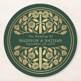 Posavasos Redondo De Papel Green Royal Medieval Sword Wedding