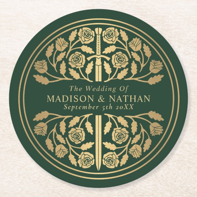 Posavasos Redondo De Papel Green Royal Medieval Sword Wedding (Anverso)