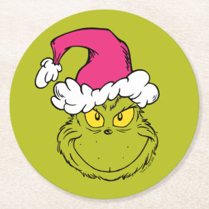 Posavasos Redondo De Papel Grinch con sombrero rosa de Santa