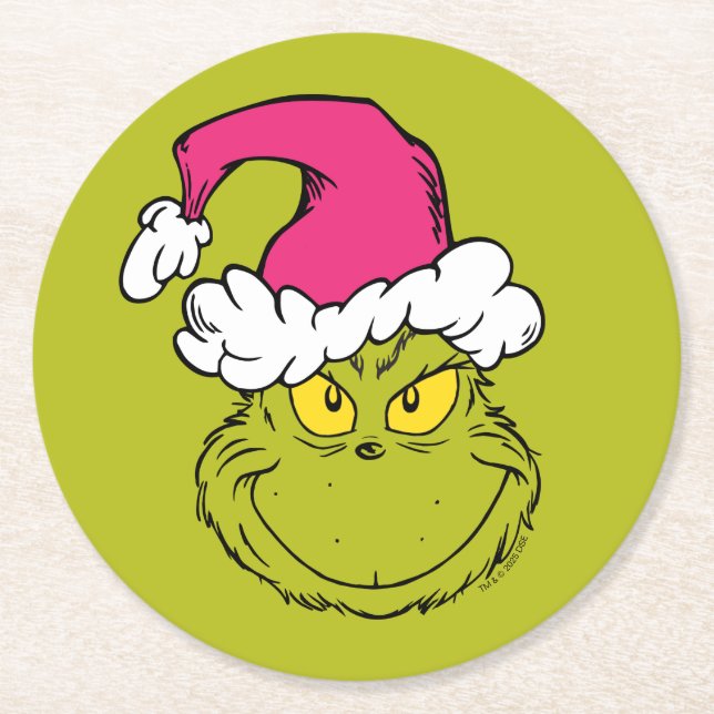 Posavasos Redondo De Papel Grinch in Pink Santa Hat (Anverso)