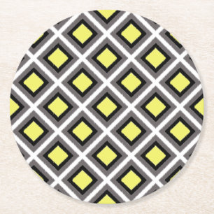 Posavasos Redondo De Papel Gris oscuro, negro, diamantes de ikat amarillo de