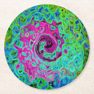 Posavasos Redondo De Papel Groovy rosa caliente y azul Resumen Swirte retro