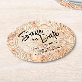 Posavasos Redondo De Papel Guardar nuestra fecha Boda Rústico de madera impre