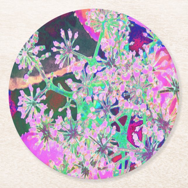 Posavasos Redondo De Papel Guay Resumen de la naturaleza retro en verde rosa  (Anverso)
