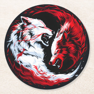 Posavasos Redondo De Papel Guerrero Lobo Cósmico Rojo Blanco