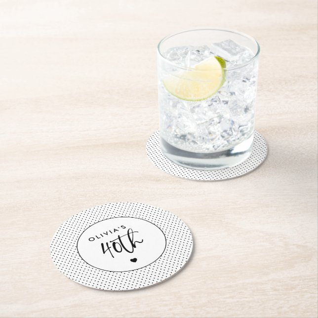 Posavasos Redondo De Papel Guión de cumpleaños 40 geométrico de B&W minimalis (In situ)