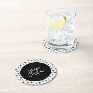 Posavasos Redondo De Papel Guión de Feliz Navidad Copos de Nieve Negros 