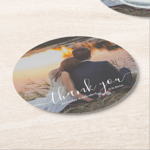 Posavasos Redondo De Papel guión moderno elegante, gracias foto boda