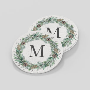 Posavasos Redondo De Papel Guirnalda de monograma inicial de vegetación inver