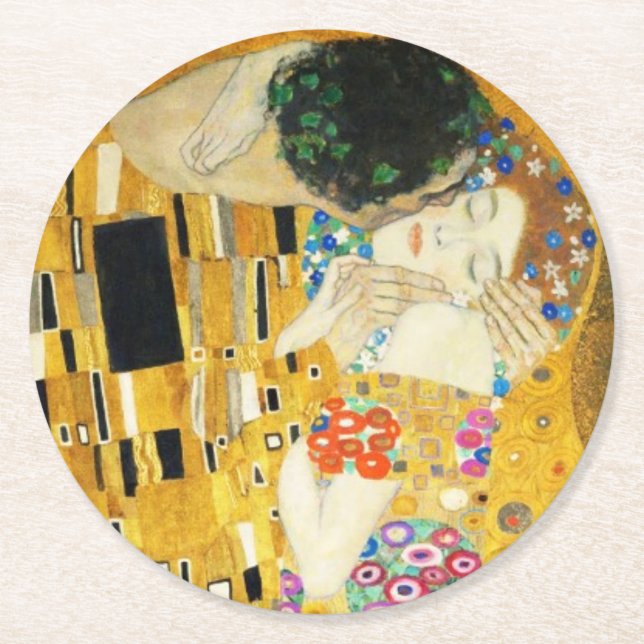 Posavasos Redondo De Papel Gustav Klimt La Pintura Art Nouveau del Kiss (Anverso)