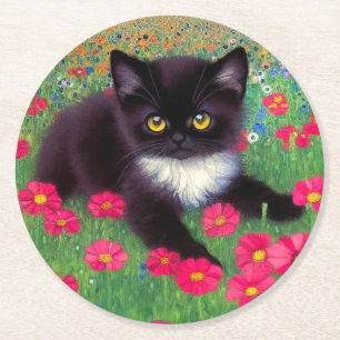Posavasos Redondo De Papel Gustav Klimt Tuxedo Cat