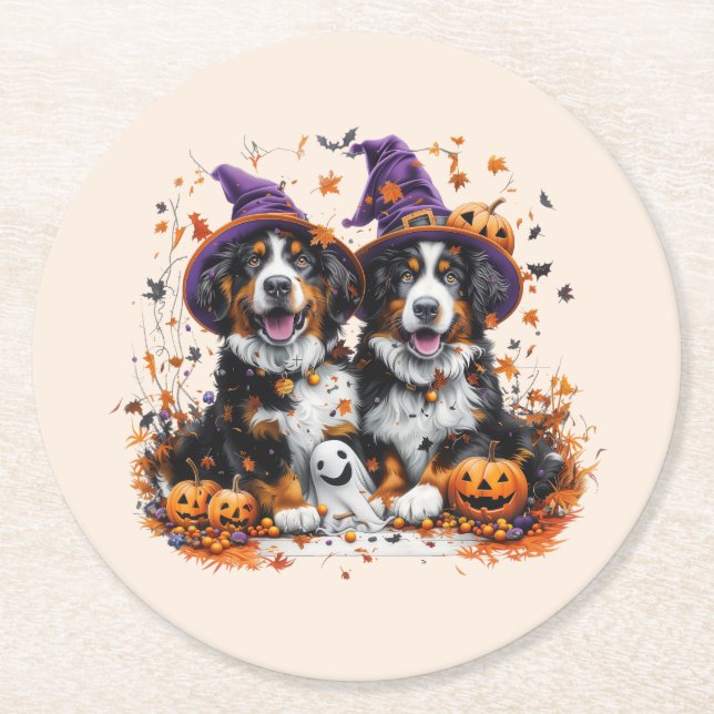 Posavasos Redondo De Papel Halloween Bernese Mountain Dogs Witch Ghost (Anverso)
