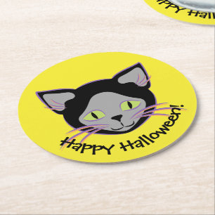 Posavasos Redondo De Papel Halloween Black Cat Face