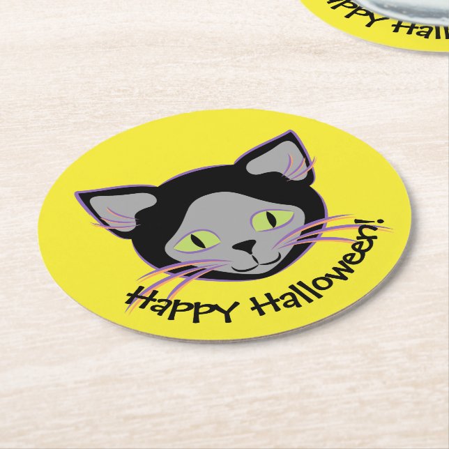 Posavasos Redondo De Papel Halloween Black Cat Face (En perspectiva)