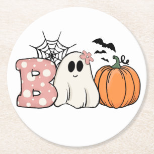 Posavasos Redondo De Papel Halloween Boo Ghost Pumpkin Bats Cobweb