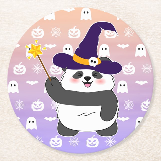 Posavasos Redondo De Papel Halloween Curte Baby Panda Witch Magic Wand (Anverso)