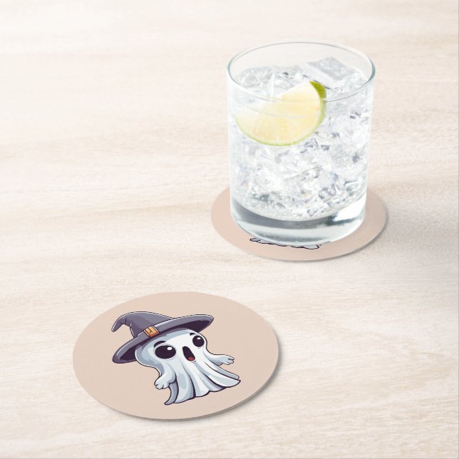 Posavasos Redondo De Papel Halloween: Geist mit Hut -  (In situ)