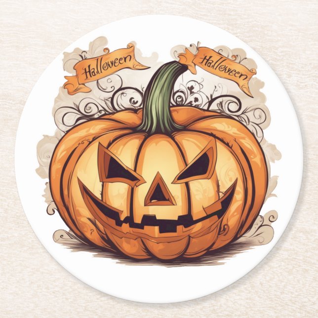 Posavasos Redondo De Papel Halloween: Großer Kürbis -  (Anverso)