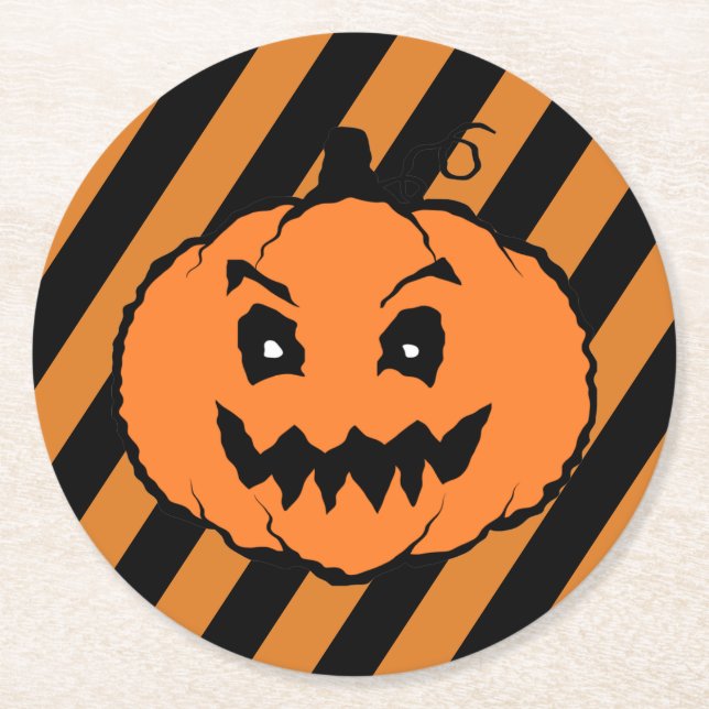 Posavasos Redondo De Papel Halloween Horror Calabaza franjas negras (Anverso)