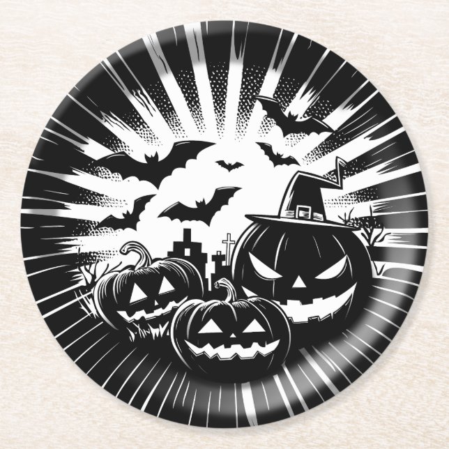 Posavasos Redondo De Papel Halloween in black and white (Anverso)