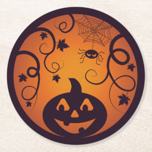 Posavasos Redondo De Papel Halloween Jack o linterna cara de calabaza y araña