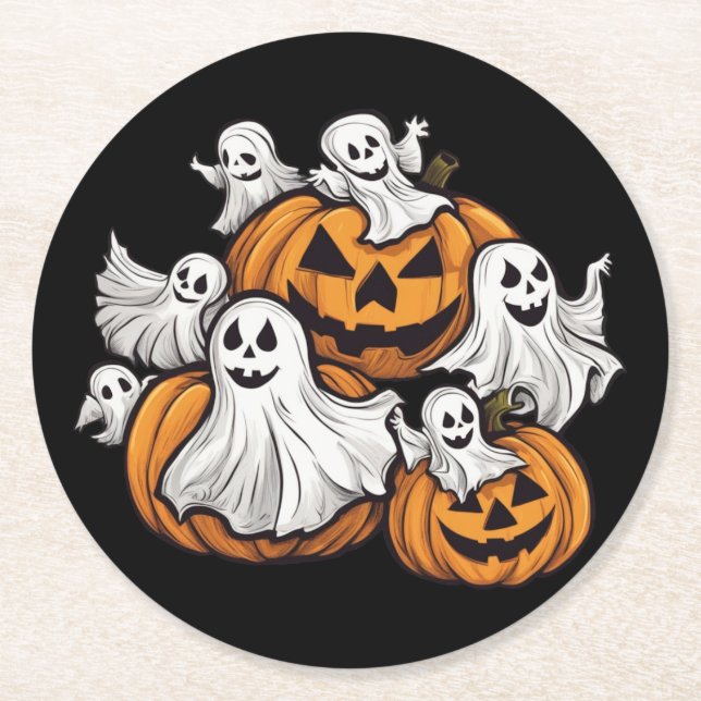 Posavasos Redondo De Papel Halloween: Kleine Geister mit Kürbissen -  (Anverso)