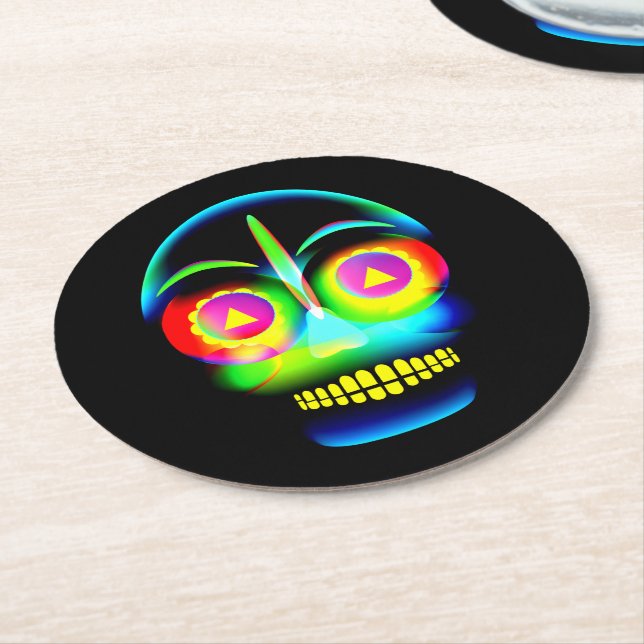 Posavasos Redondo De Papel Halloween Neon Look Glow Blue Yellow Skull (En perspectiva)