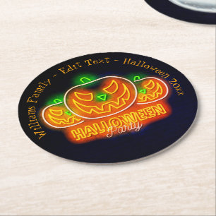 Posavasos Redondo De Papel Halloween Nombre Año 20xx Neon Glow Look Pumpkin