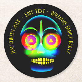 Posavasos Redondo De Papel Halloween Nombre Año Neon Look Glow Blue Skull