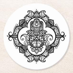 Posavasos Redondo De Papel Hamsa con Doodle étnico de los ornamentos