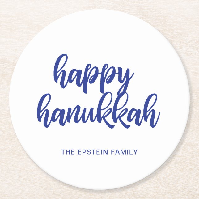 Posavasos Redondo De Papel Hanukkah Holiday azul y blanco moderno (Anverso)