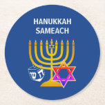 POSAVASOS REDONDO DE PAPEL HANUKKAH SAMEACH<br><div class="desc">Moderna y elegante barandilla de papel redondo HANUKKAH, diseñada con una falsa menorah de oro, la colorida estrella de David y el dreidel blanco más la GREETING de PERSONALIZABLE - HANUKKAH SAMEACH, para que puedas crear tu propio saludo, por ejemplo. Feliz Chanukah. Ideal para la temporada de Hanukkah. Elija entre...</div>