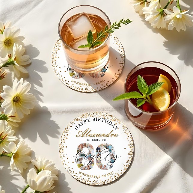 Posavasos Redondo De Papel  Happy Birthday Cheers To 80 Years Photo Collage (Happy Birthday Cheers To 80 Years Photo Collage Round Paper Coaster)