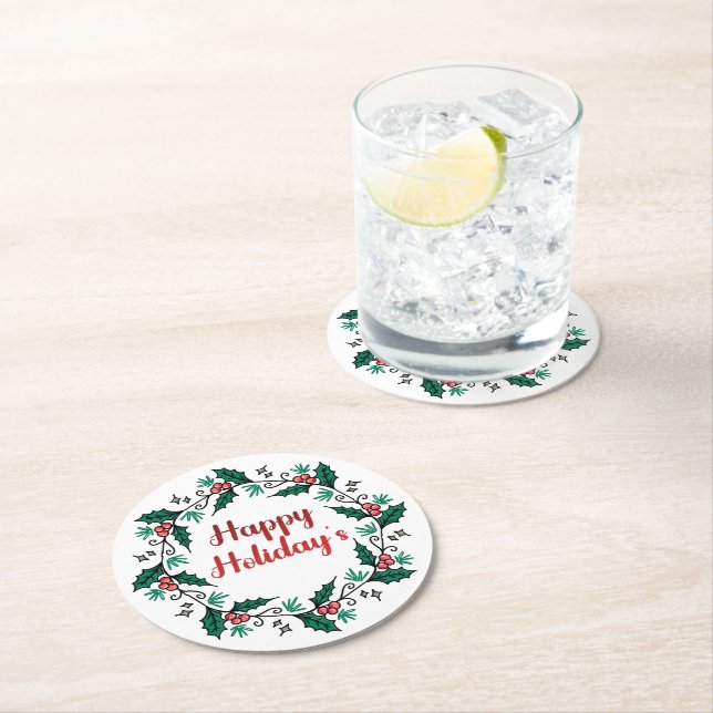 Posavasos Redondo De Papel Happy Holiday's Wreath Paper Coaster (In situ)