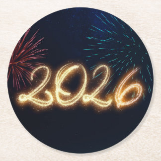 Posavasos Redondo De Papel Happy New Year 2026 Sparkling Fireworks