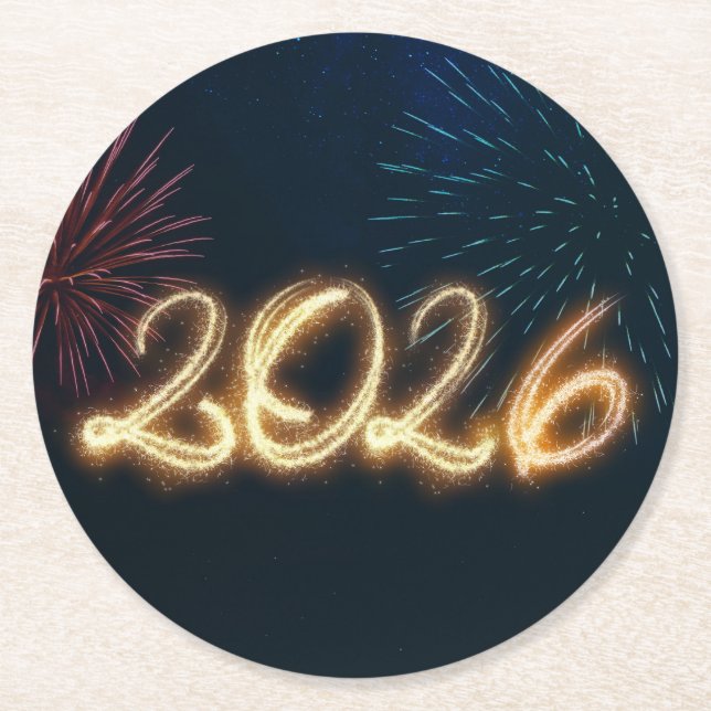 Posavasos Redondo De Papel Happy New Year 2026 Sparkling Fireworks (Anverso)