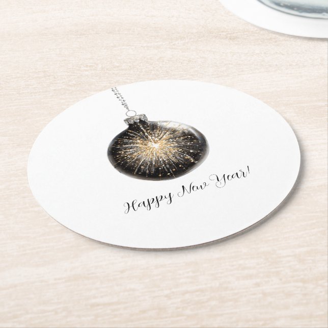 Posavasos Redondo De Papel Happy New Year Fireworks Ball (En perspectiva)