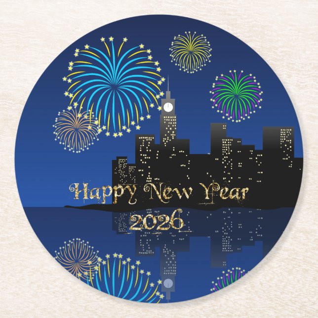 Posavasos Redondo De Papel Happy New Year’s Eve Midnight Fireworks City Light (Anverso)