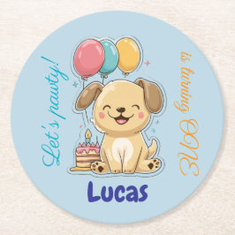 Posavasos Redondo De Papel Happy Puppy, Boy, Let's Pawty, 1st Birthday 
