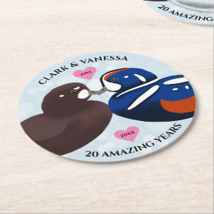 Posavasos Redondo De Papel Harlequin Ducks Aves Amantes De Aniversario