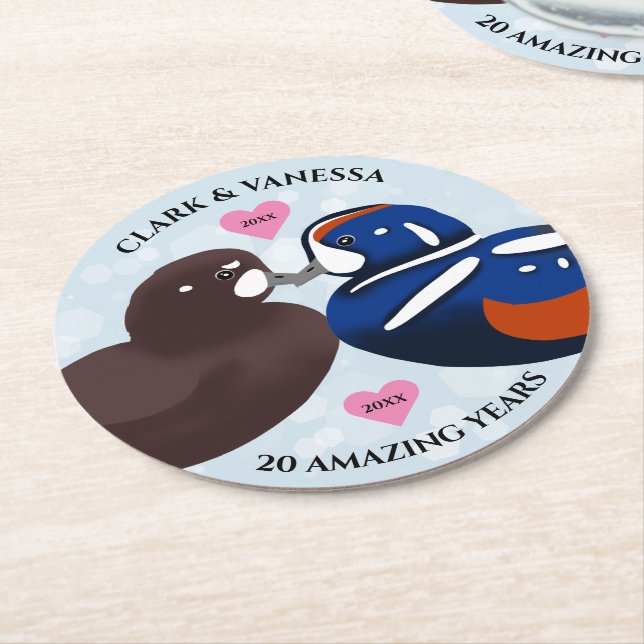 Posavasos Redondo De Papel Harlequin Ducks Aves Amantes De Aniversario (En perspectiva)